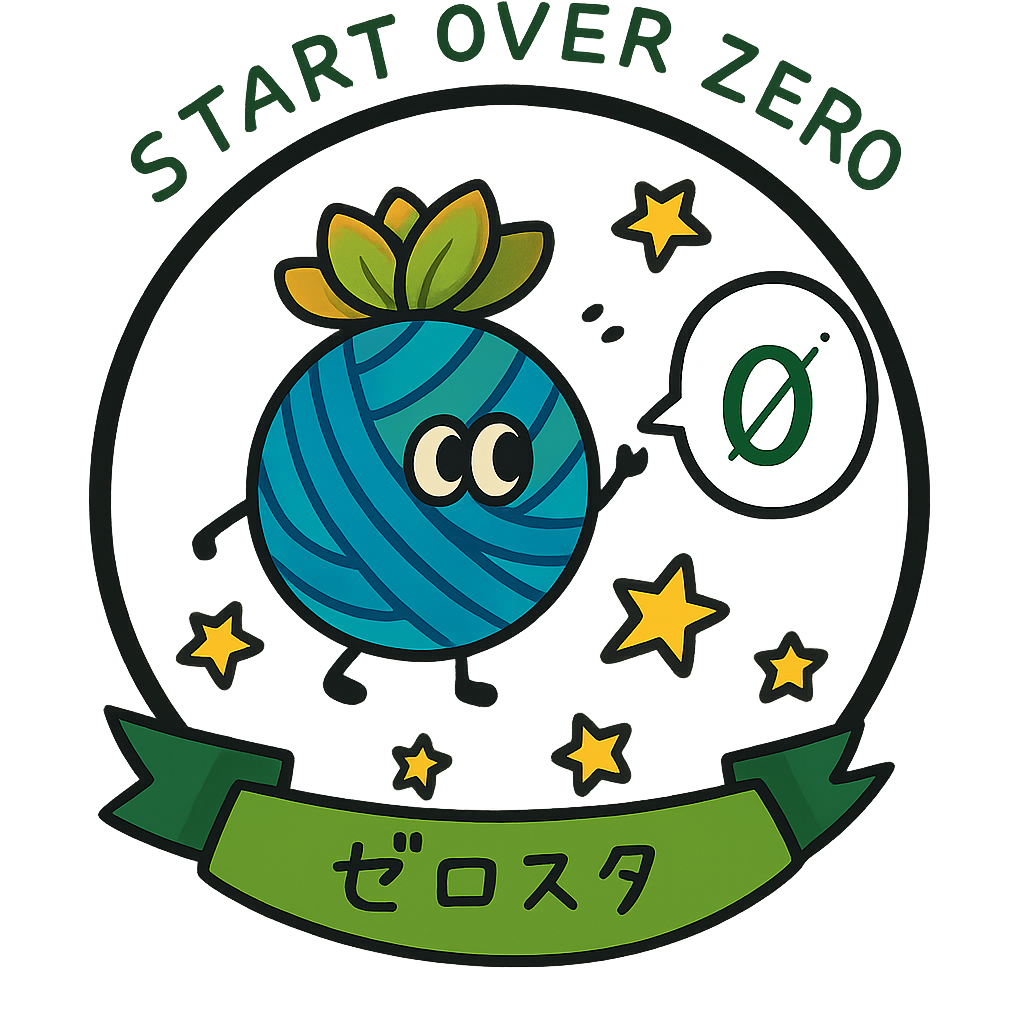 START OVER ZERO・ゼロスタの文字と、芽をのせた青いキャラクターのイラスト